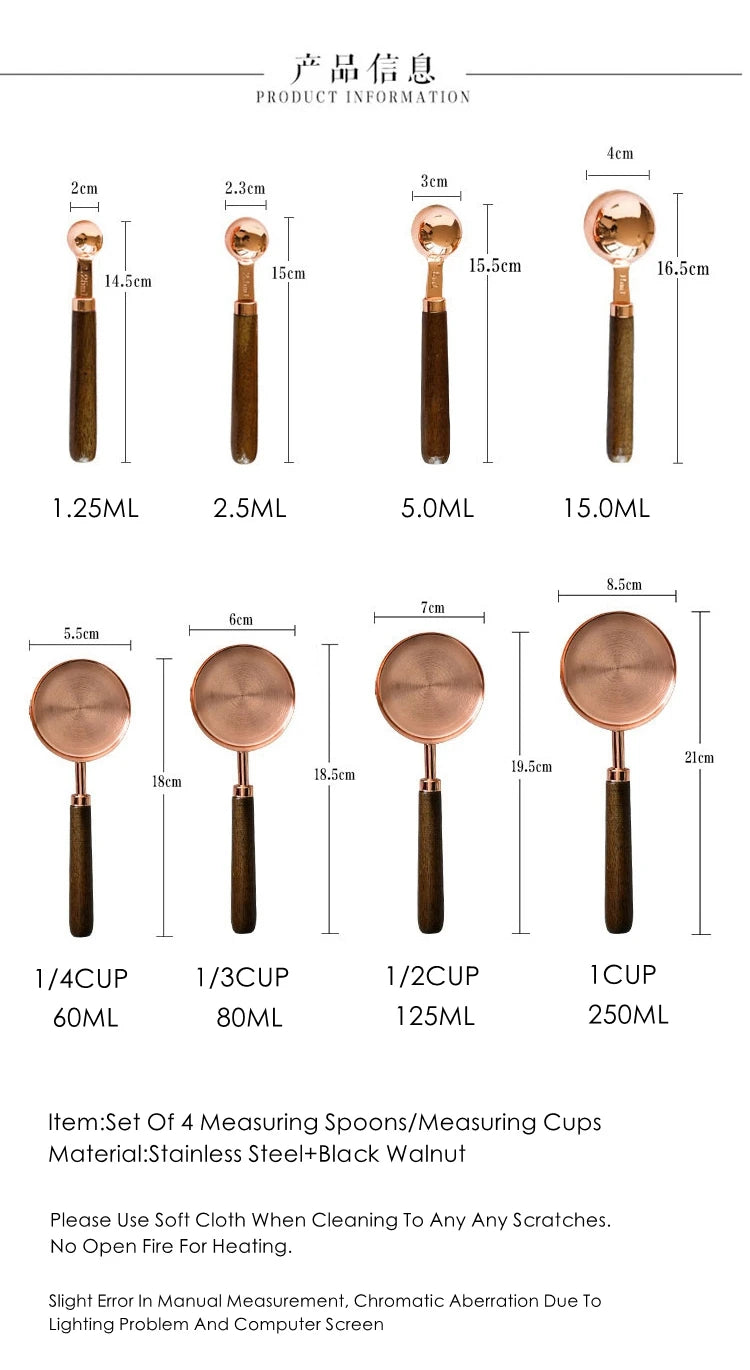 Tasses à mesurer en acier inoxydable plaqué or rose, pichets à mesurer, cuillère à café avec manche en bois, outils de cuisine pour gâteaux