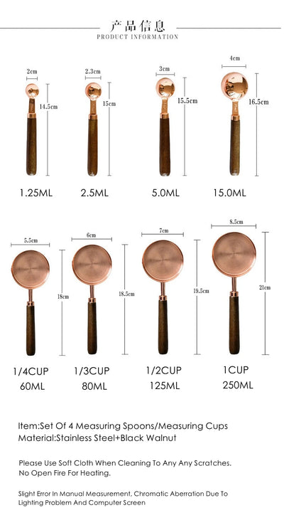 Tasses à mesurer en acier inoxydable plaqué or rose, pichets à mesurer, cuillère à café avec manche en bois, outils de cuisine pour gâteaux