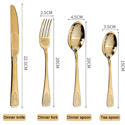 Ensemble de couverts européens dorés, ensemble de vaisselle rétro occidental, ensemble de cuillère et de fourchette en or de luxe, couverts de table lavables au lave-vaisselle