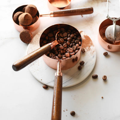 Tasses à mesurer en acier inoxydable plaqué or rose, pichets à mesurer, cuillère à café avec manche en bois, outils de cuisine pour gâteaux