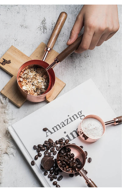 Tasses à mesurer en acier inoxydable plaqué or rose, pichets à mesurer, cuillère à café avec manche en bois, outils de cuisine pour gâteaux