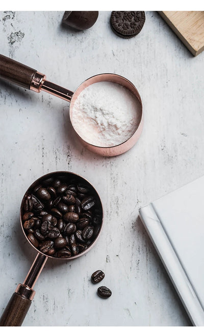 Tasses à mesurer en acier inoxydable plaqué or rose, pichets à mesurer, cuillère à café avec manche en bois, outils de cuisine pour gâteaux