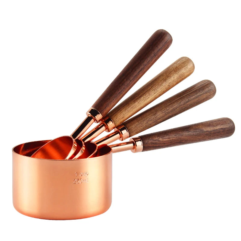 Tasses à mesurer en acier inoxydable plaqué or rose, pichets à mesurer, cuillère à café avec manche en bois, outils de cuisine pour gâteaux