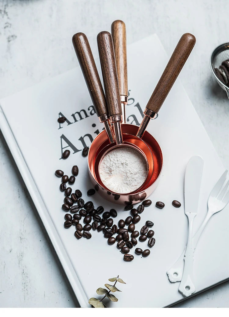 Tasses à mesurer en acier inoxydable plaqué or rose, pichets à mesurer, cuillère à café avec manche en bois, outils de cuisine pour gâteaux