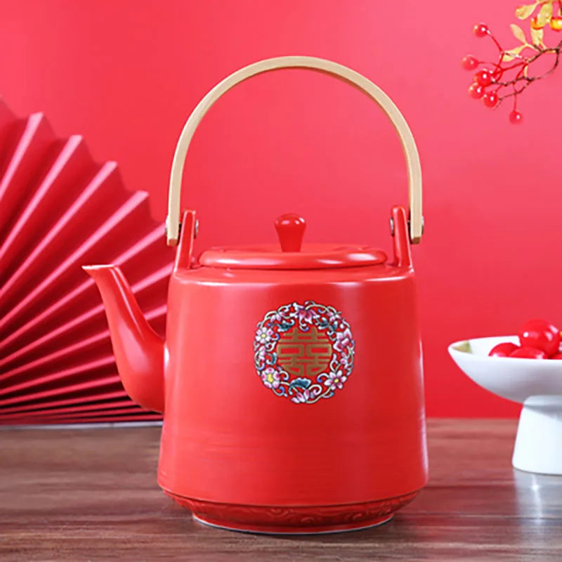 Théière de mariage en céramique rouge, style chinois en porcelaine, infuseur à thé Double Happiness, théière, ensemble de tasses, cadeau de luxe