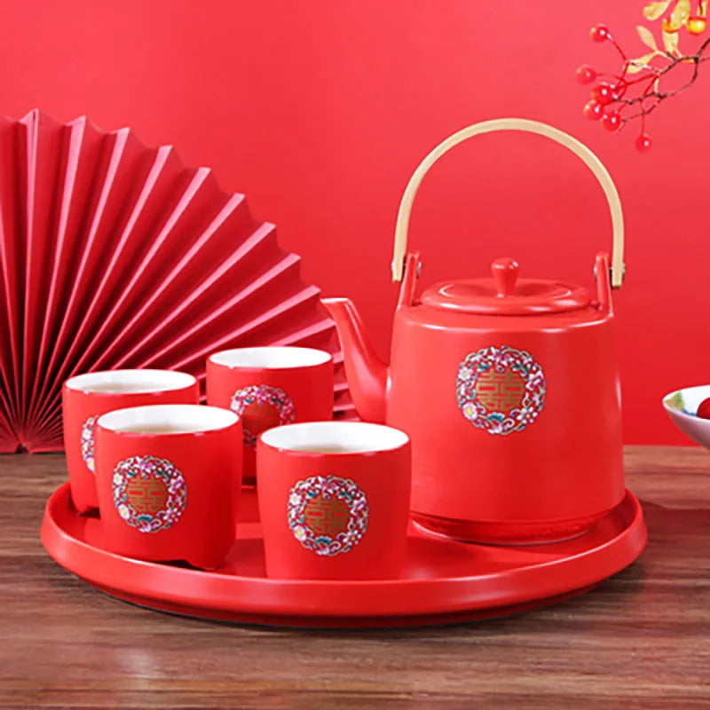 Théière de mariage en céramique rouge, style chinois en porcelaine, infuseur à thé Double Happiness, théière, ensemble de tasses, cadeau de luxe