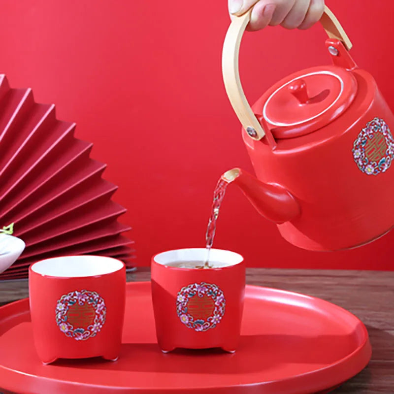 Théière de mariage en céramique rouge, style chinois en porcelaine, infuseur à thé Double Happiness, théière, ensemble de tasses, cadeau de luxe