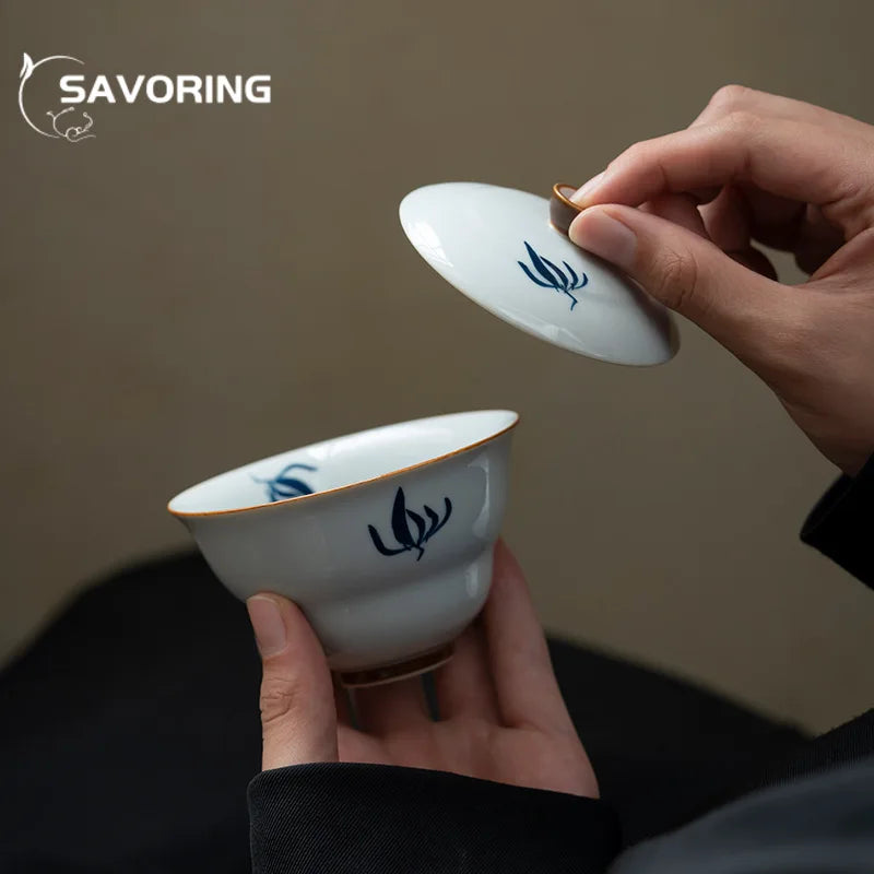 100 ml peint à la main orchidée céramique Gaiwan luxe gourde bols en porcelaine soupière à thé ménage thé infusion couverture bol cafés ornement