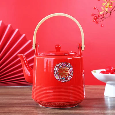 Théière de mariage en céramique rouge, style chinois en porcelaine, infuseur à thé Double Happiness, théière, ensemble de tasses, cadeau de luxe