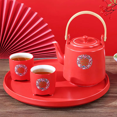 Théière de mariage en céramique rouge, style chinois en porcelaine, infuseur à thé Double Happiness, théière, ensemble de tasses, cadeau de luxe