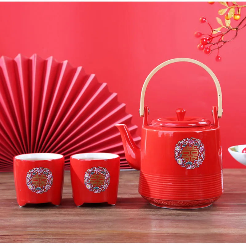 Théière de mariage en céramique rouge, style chinois en porcelaine, infuseur à thé Double Happiness, théière, ensemble de tasses, cadeau de luxe