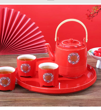 Théière de mariage en céramique rouge, style chinois en porcelaine, infuseur à thé Double Happiness, théière, ensemble de tasses, cadeau de luxe