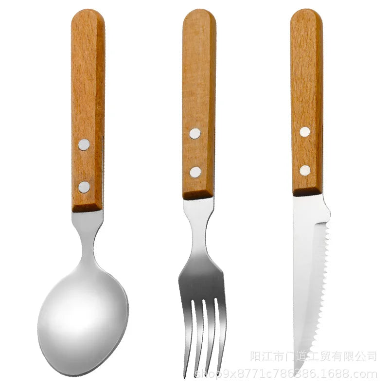 Ensemble de vaisselle de luxe en acier inoxydable 304, 3 pièces/ensemble, en bois brillant, en argent, pour la cuisine d'Europe occidentale, couteau, fourchette, cuillère à café