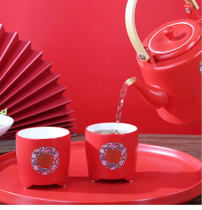 Théière de mariage en céramique rouge, style chinois en porcelaine, infuseur à thé Double Happiness, théière, ensemble de tasses, cadeau de luxe