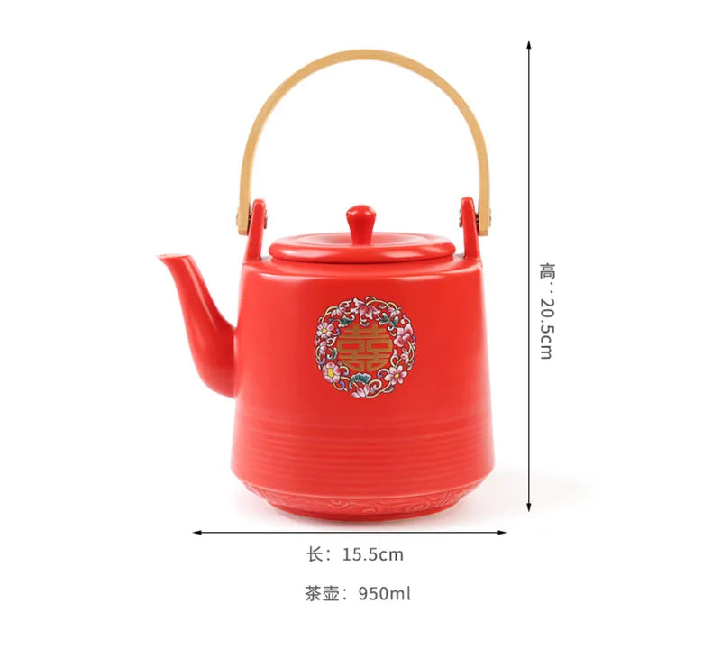 Théière de mariage en céramique rouge, style chinois en porcelaine, infuseur à thé Double Happiness, théière, ensemble de tasses, cadeau de luxe