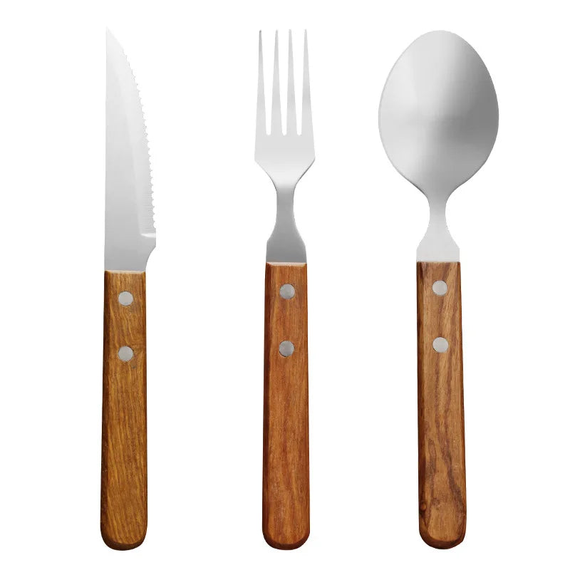 Ensemble de vaisselle de luxe en acier inoxydable 304, 3 pièces/ensemble, en bois brillant, en argent, pour la cuisine d'Europe occidentale, couteau, fourchette, cuillère à café