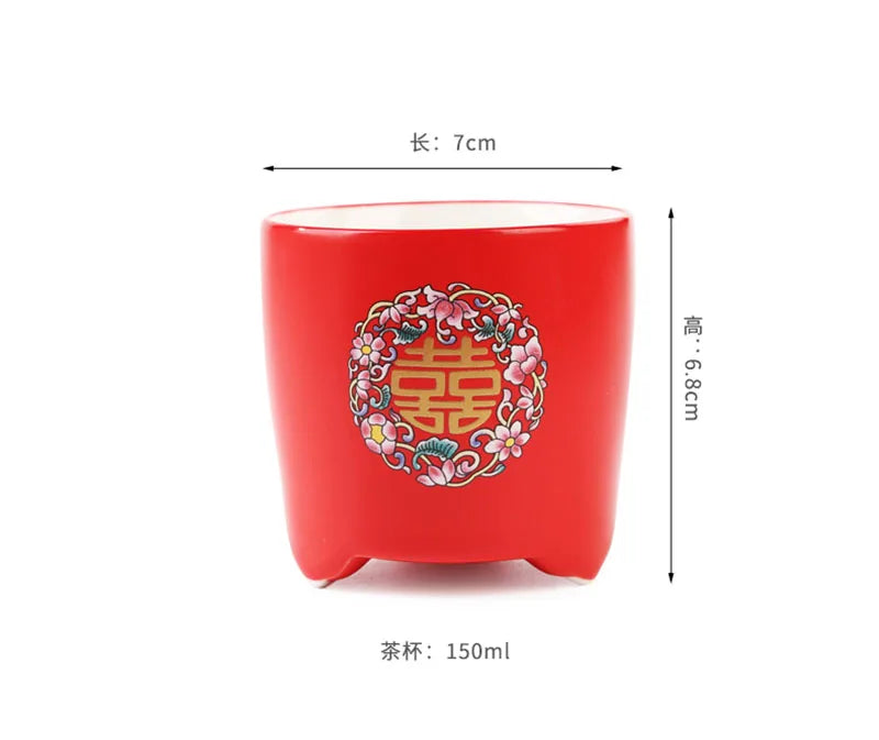 Théière de mariage en céramique rouge, style chinois en porcelaine, infuseur à thé Double Happiness, théière, ensemble de tasses, cadeau de luxe