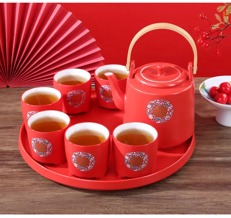 Théière de mariage en céramique rouge, style chinois en porcelaine, infuseur à thé Double Happiness, théière, ensemble de tasses, cadeau de luxe