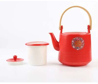 Théière de mariage en céramique rouge, style chinois en porcelaine, infuseur à thé Double Happiness, théière, ensemble de tasses, cadeau de luxe