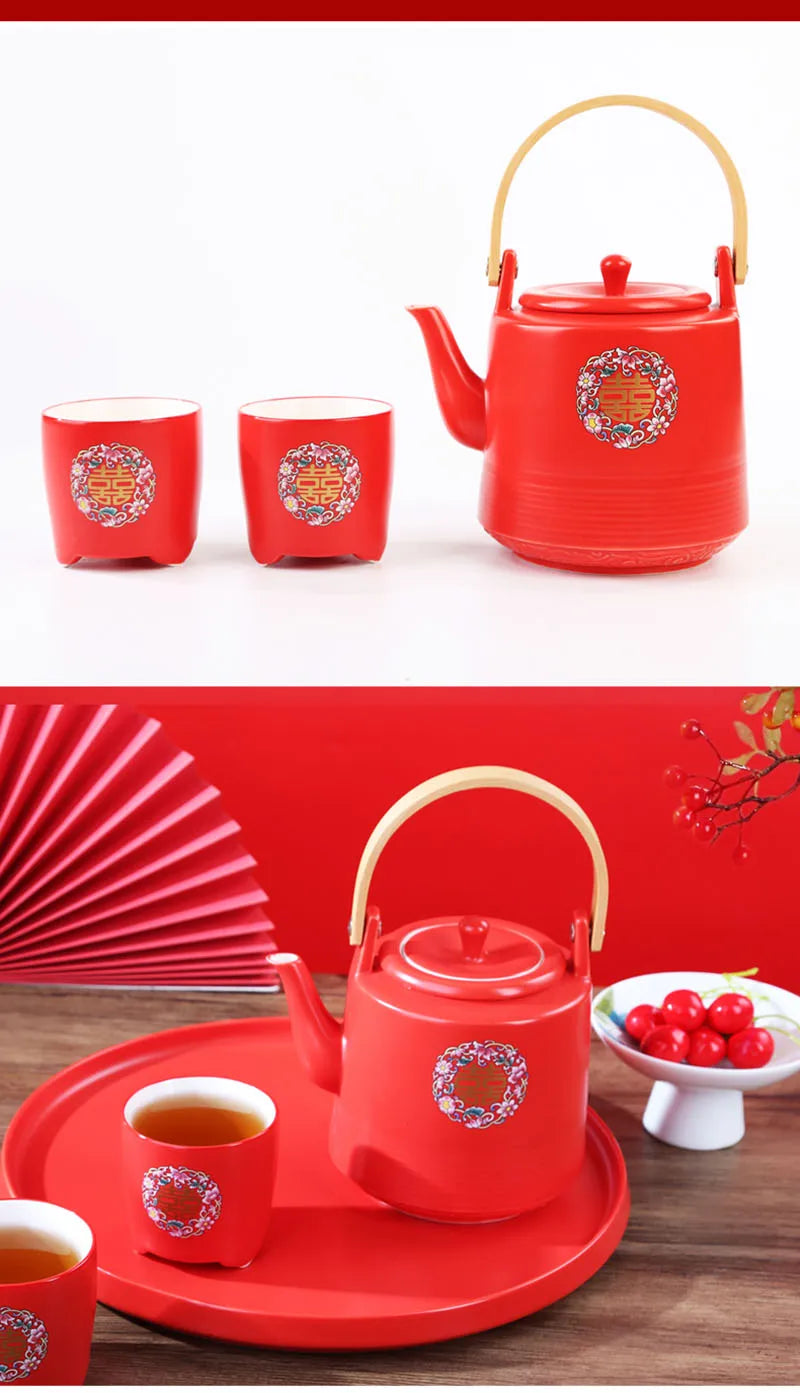 Théière de mariage en céramique rouge, style chinois en porcelaine, infuseur à thé Double Happiness, théière, ensemble de tasses, cadeau de luxe