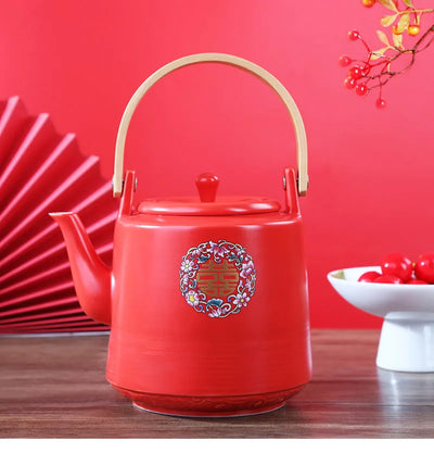 Théière de mariage en céramique rouge, style chinois en porcelaine, infuseur à thé Double Happiness, théière, ensemble de tasses, cadeau de luxe